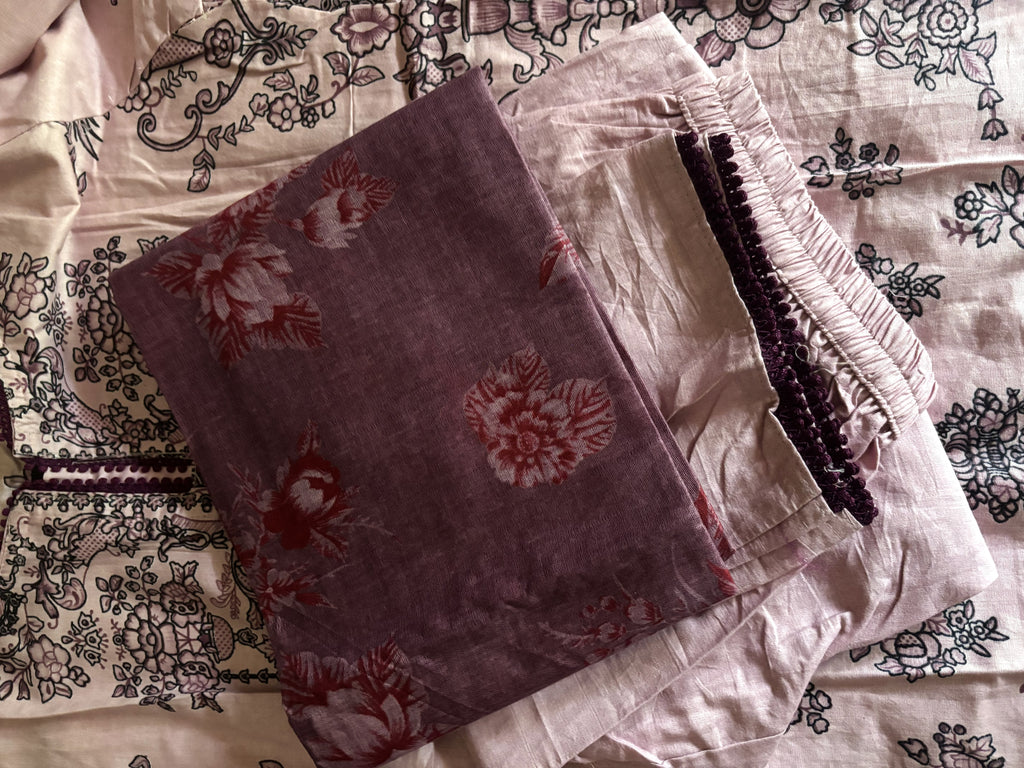 Lilac Mauve Baroque Print Cotton Suit | 3-Piece