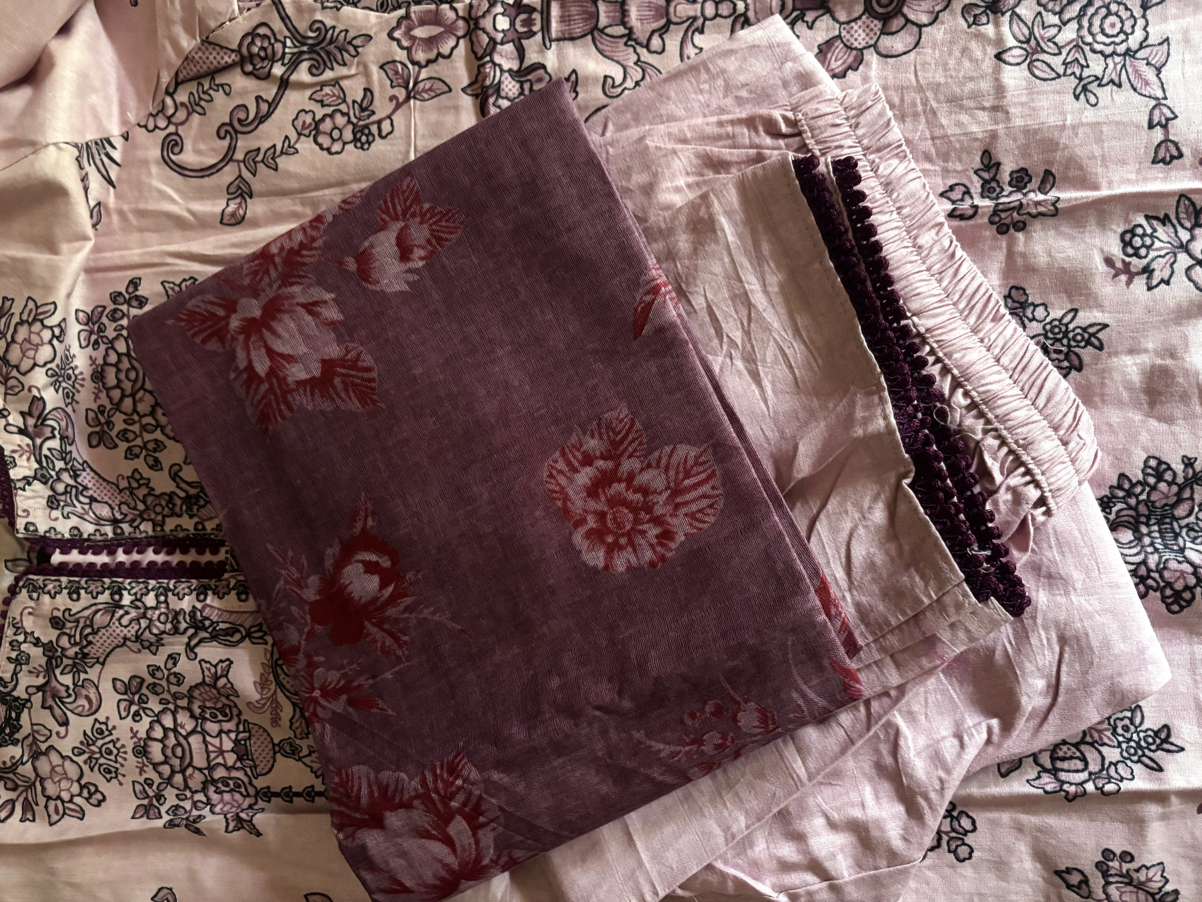 Lilac Mauve Baroque Print Cotton Suit | 3-Piece