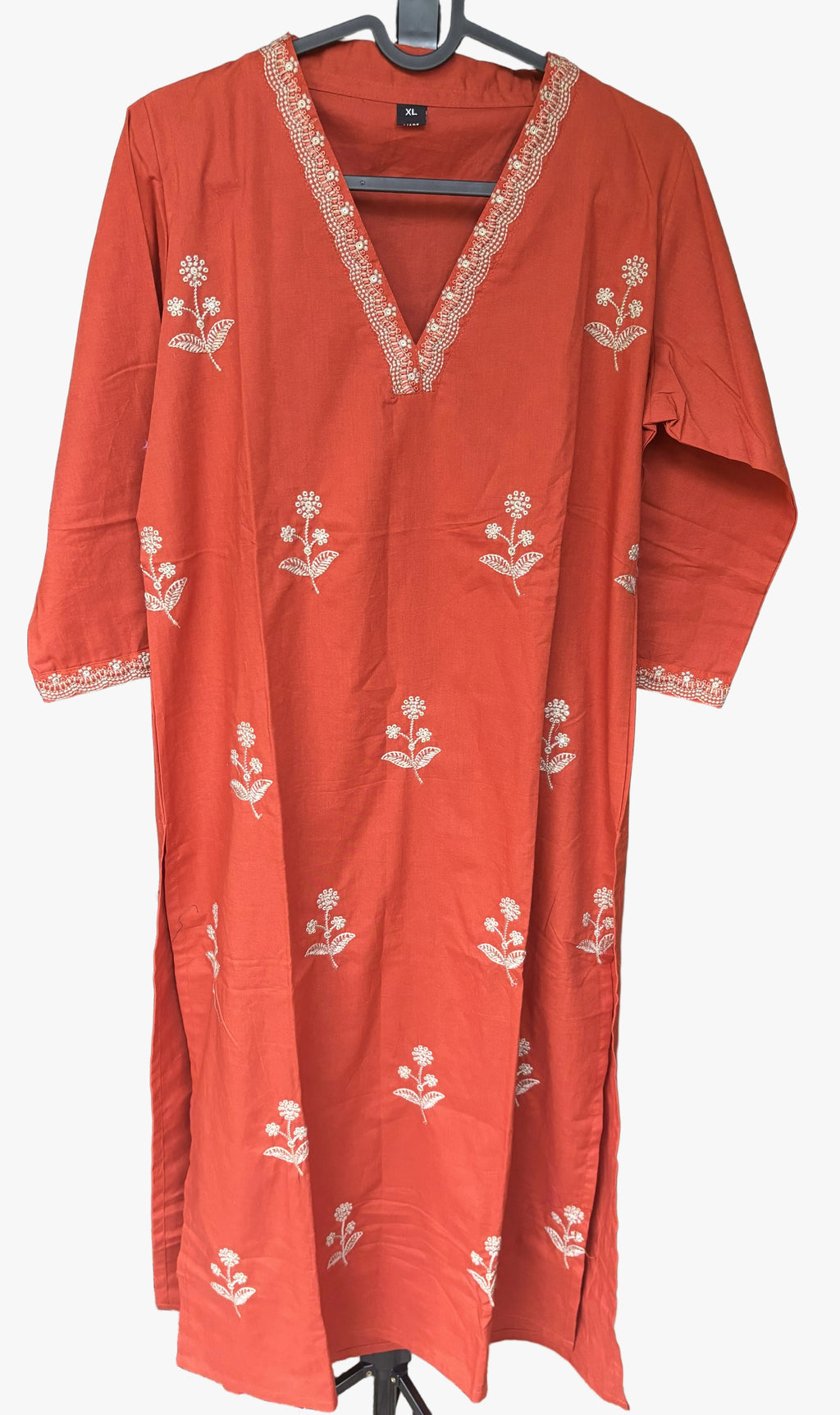 Rust Orange Floral Embroidered Cotton Kurta Set — 3 Piece