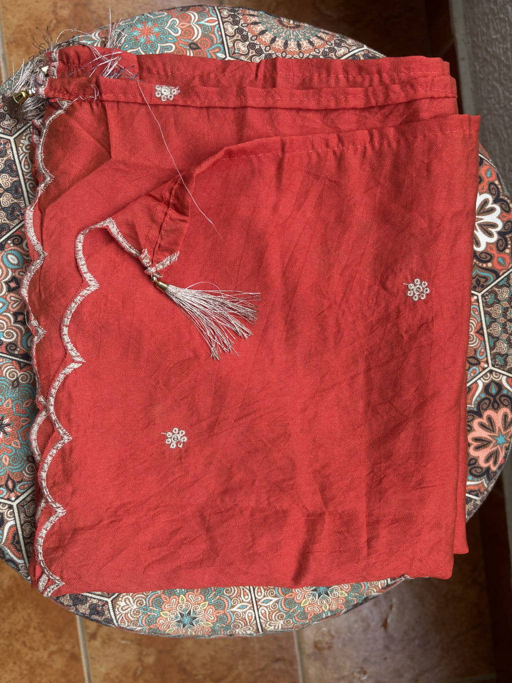 Rust Orange Floral Embroidered Cotton Kurta Set — 3 Piece