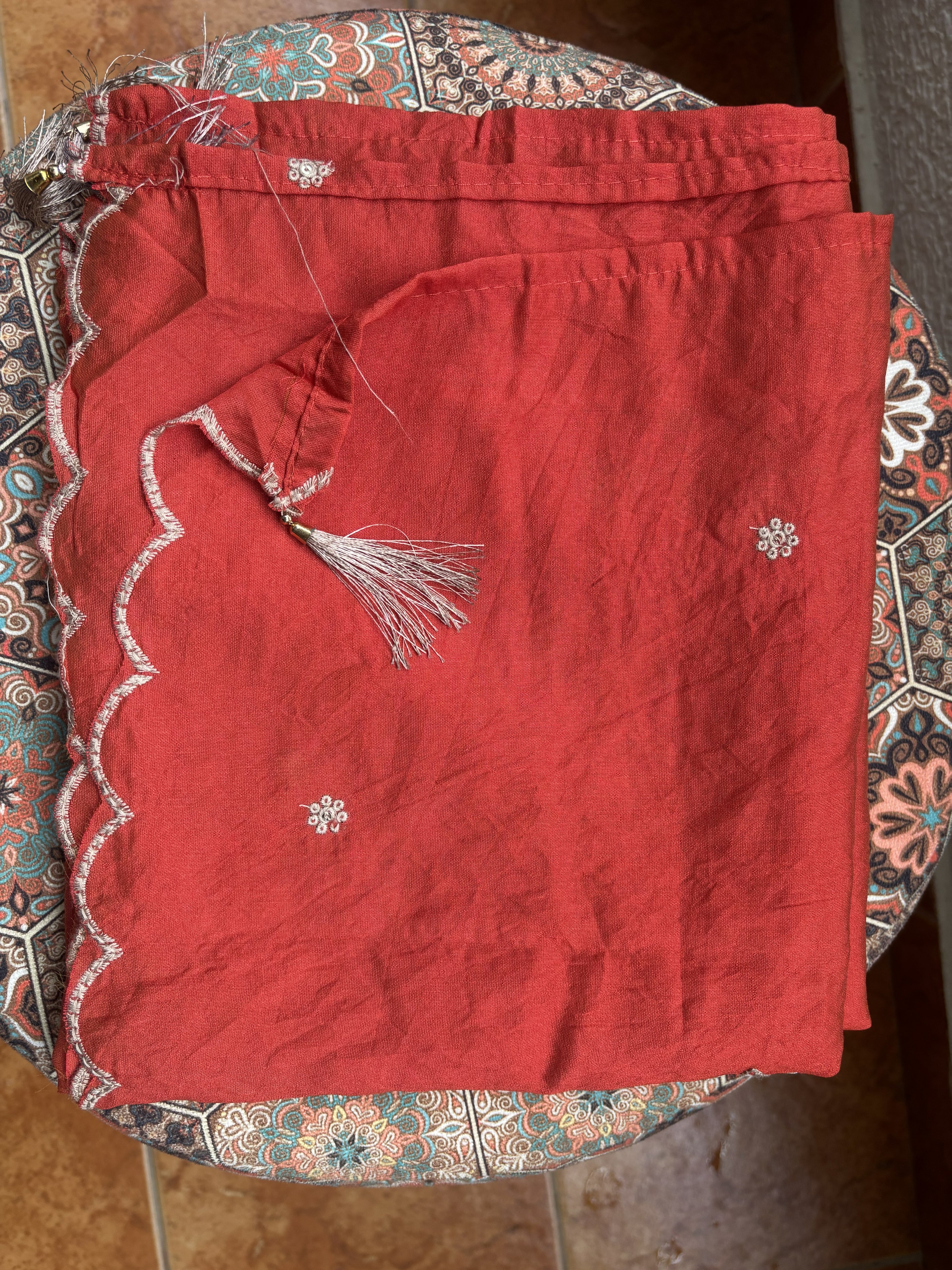 Rust Orange Floral Embroidered Cotton Kurta Set — 3 Piece