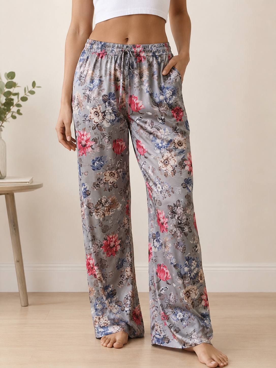 Luxe Satin Floral Wide Leg Pants