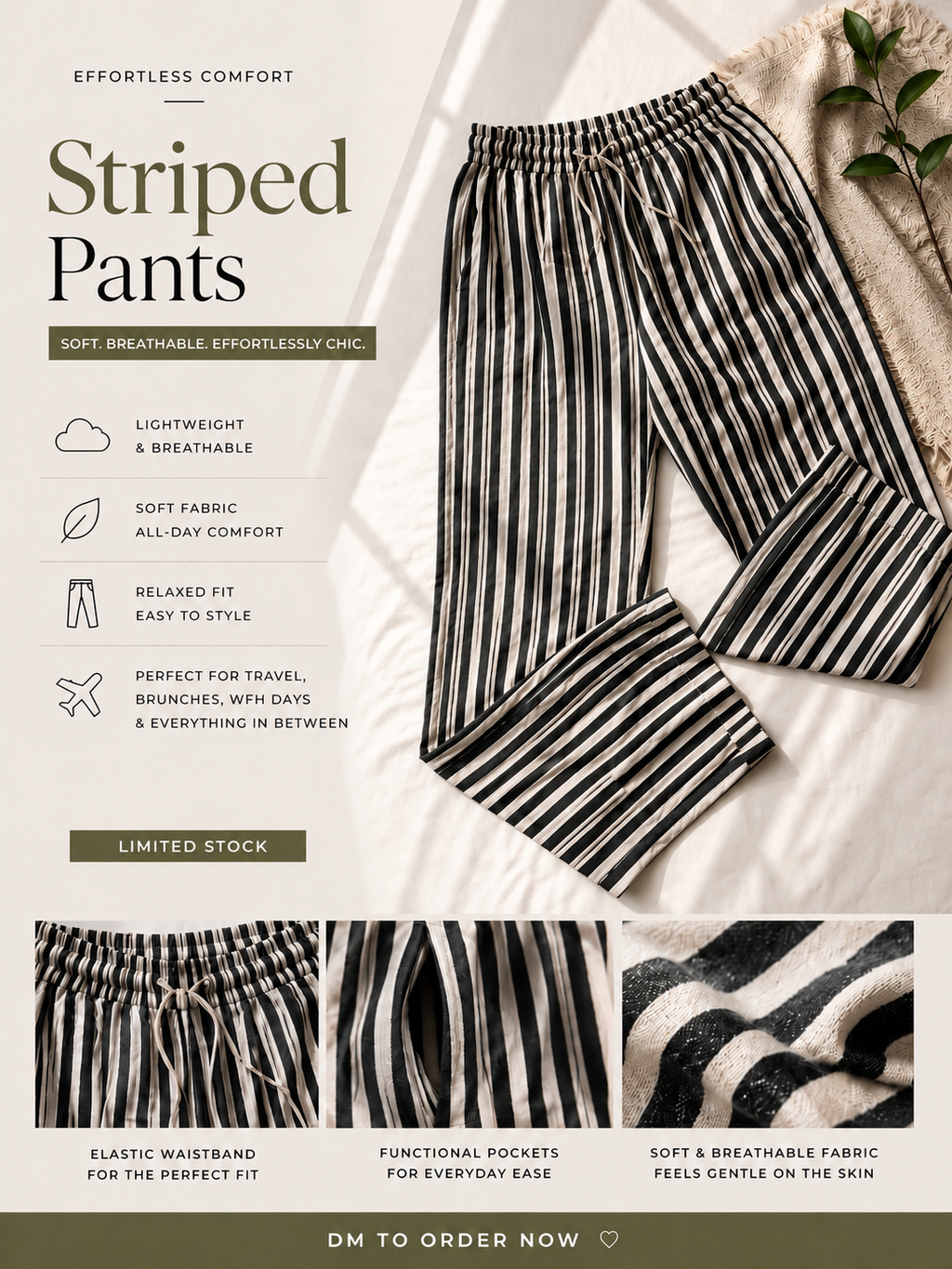 Green & White Striped Wide Leg Pants