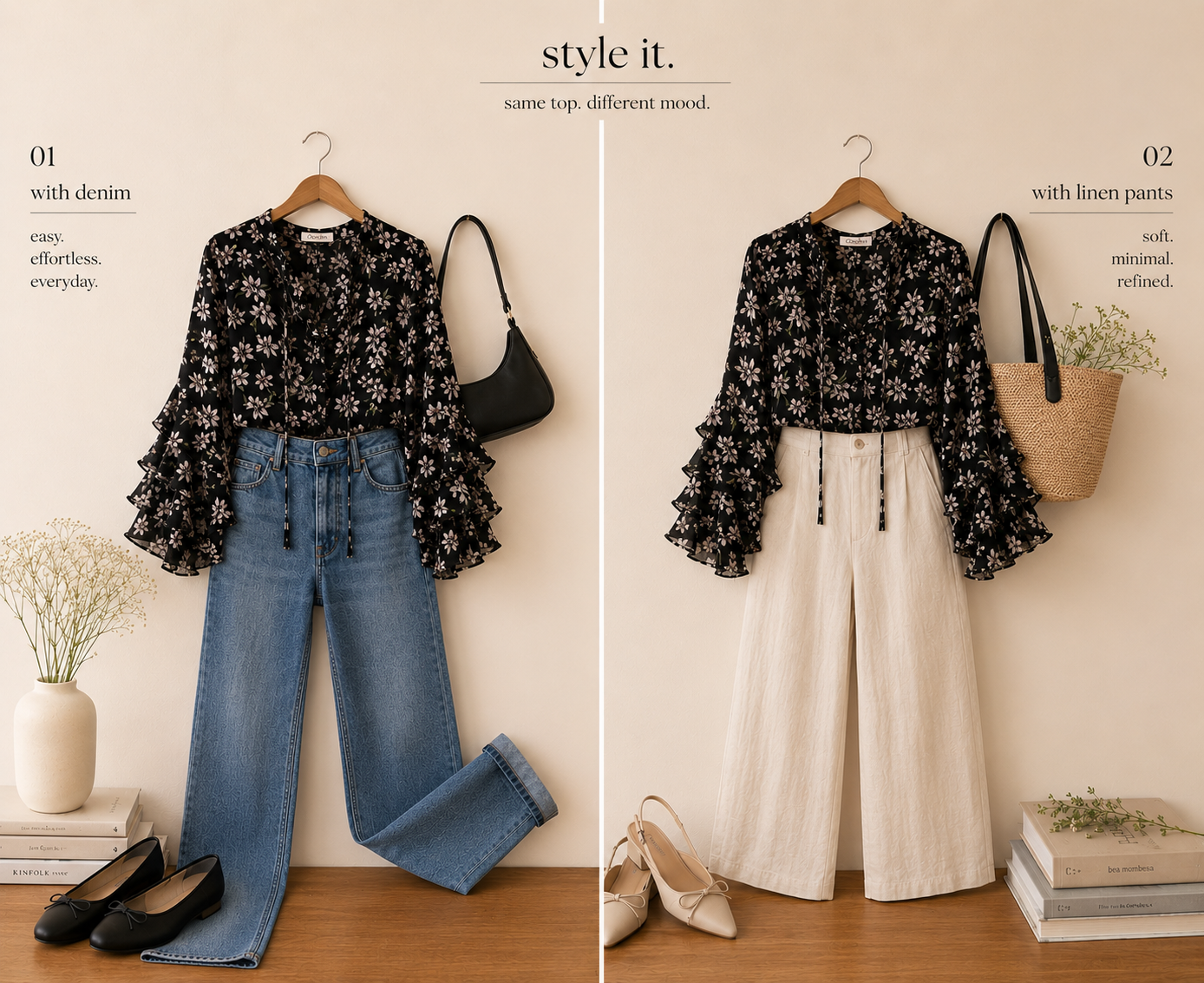 OOrchin Floral Ruffle Bell Sleeve Top