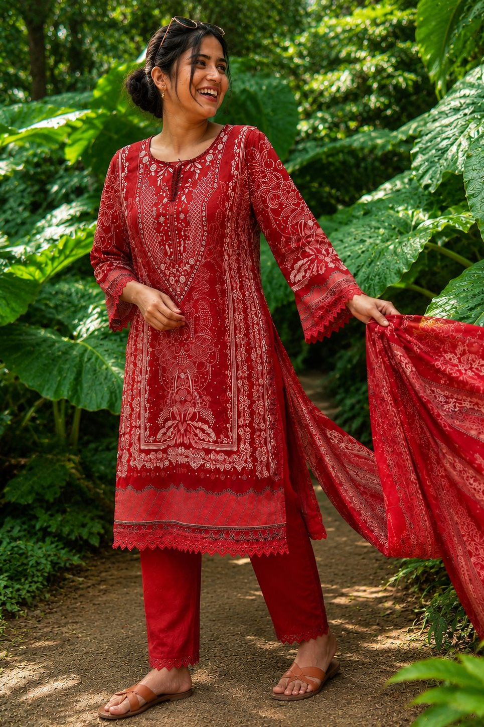 Rust Orange Bandhani Print Mul Cotton Suit | 3-Piece
